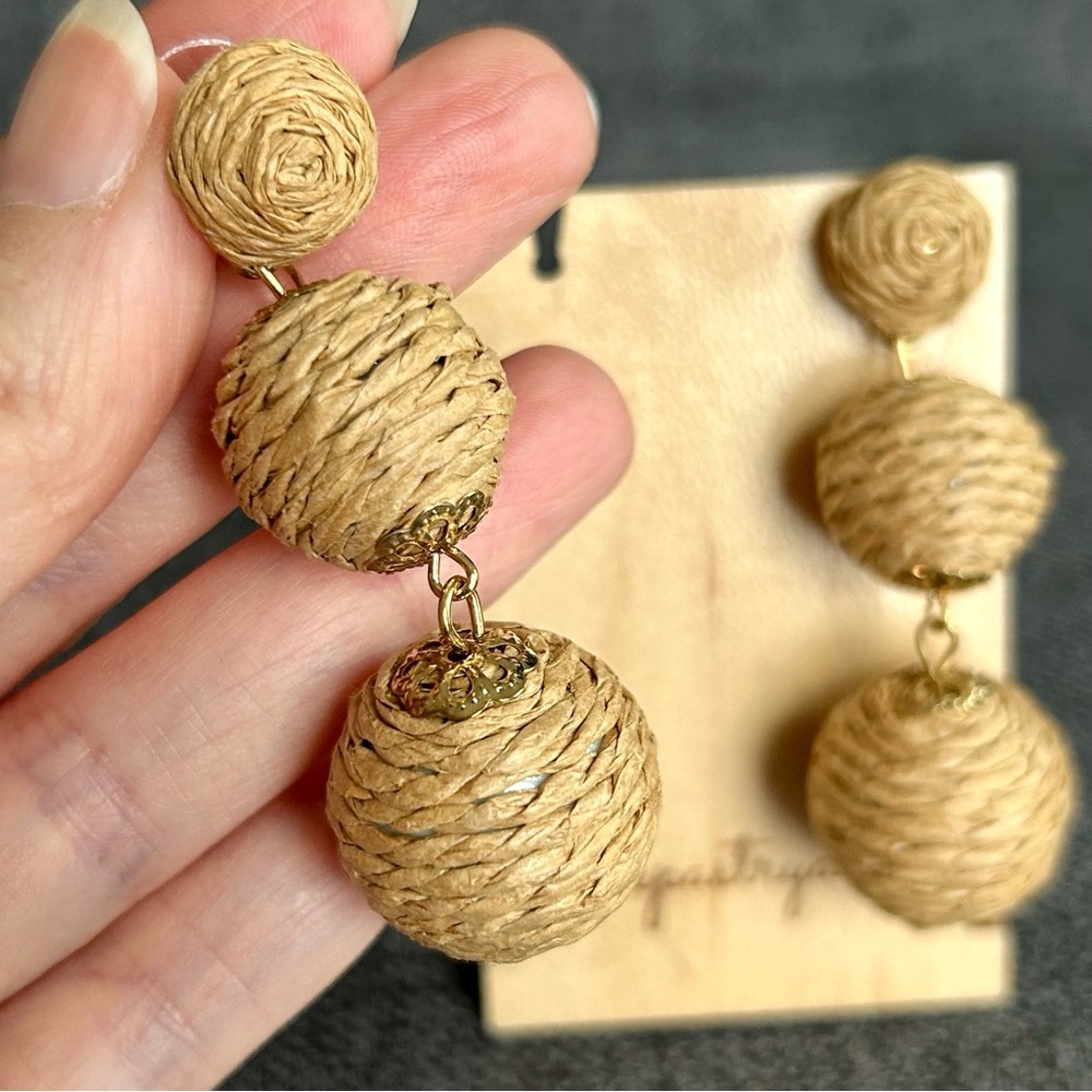 Rattan Covered, Dangling Drop Sphere Stud Earrings, Tan, Gold - Picture 8 of 17